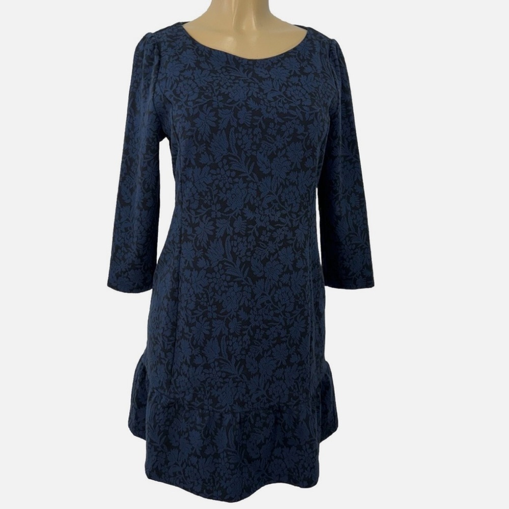 LOFT Navy and Black Floral Knit Jacquard Dress 3/4 sleeves ruffle hem NWT